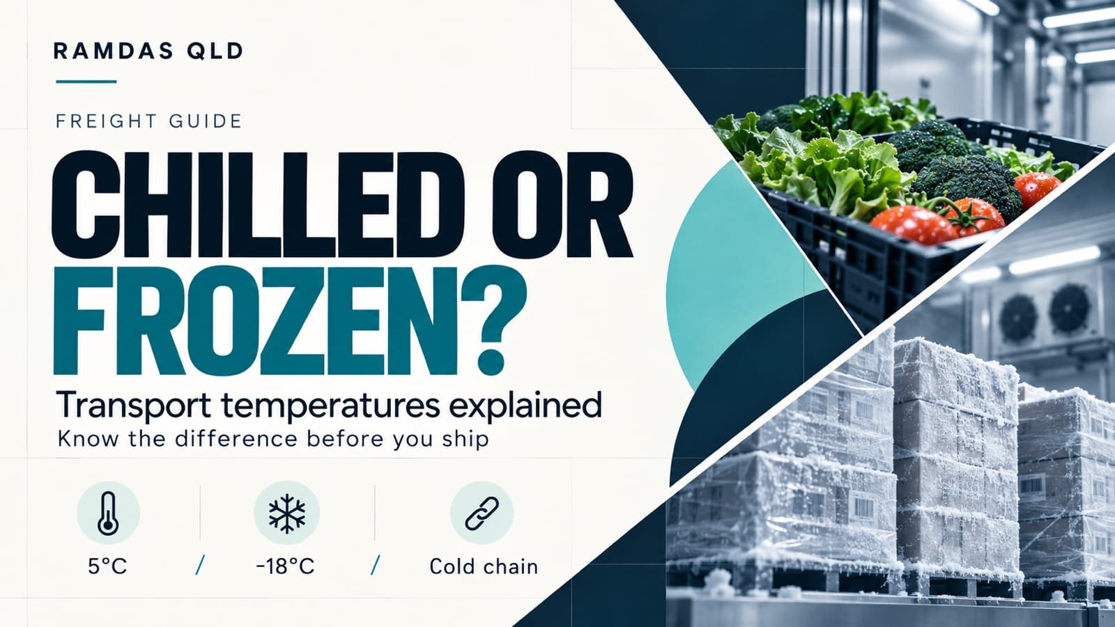 Chilled or frozen? Transport temperatures explained — a crate of chilled fresh produce beside frost-covered pallets of frozen cartons