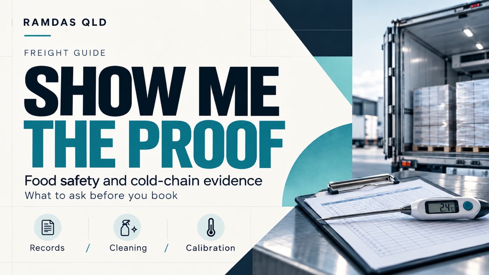 Show me the proof: food safety and cold-chain evidence — a probe thermometer and temperature log sheet in front of a loaded refrigerated truck